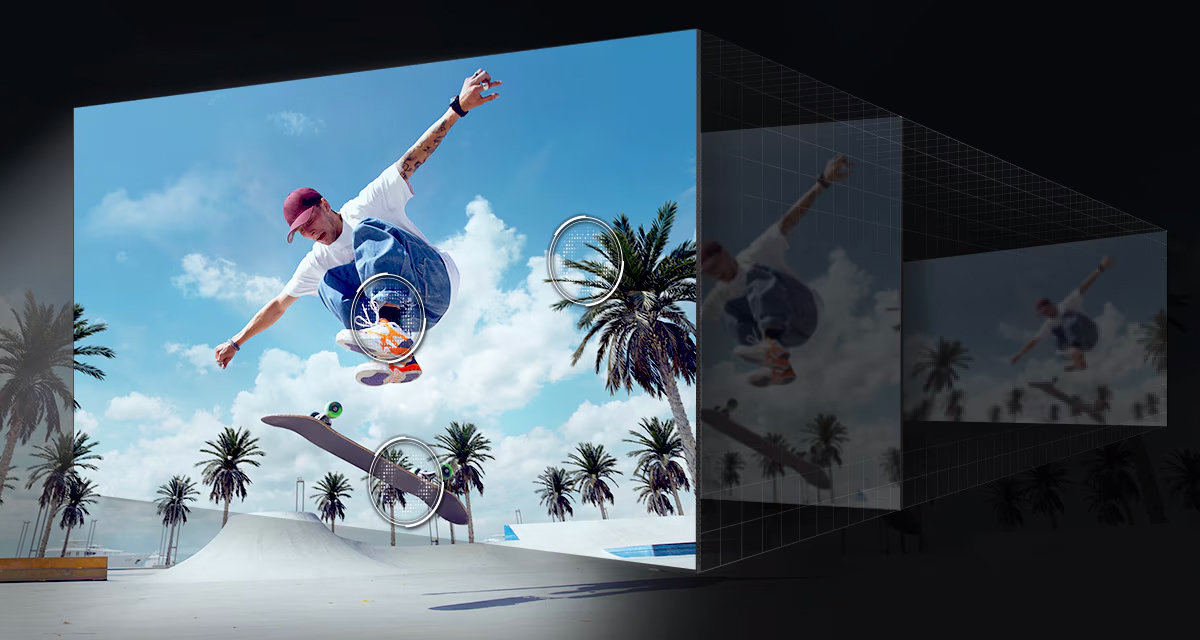 Οι πολυεπίπεδες οθόνες απεικονίζουν την αναβάθμιση 4K κατά την εργασία. Το φως κυματίζει τις πολυεπίπεδες οθόνες για βελτιστοποίηση της εικόνας στην πρώτη γραμμή. Οι λεπτομέρειες ενός φοίνικα, του skateboard και των παπουτσιών ενός skateboarder σε μια σκηνή αναβαθμίζονται με μεγάλη ευκρίνεια.